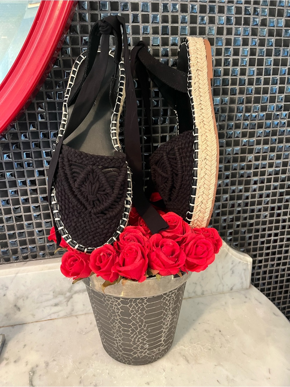 NEW Black Woven macrame Espadrille Sandals with lace up ankle ties - Picture 3 of 15